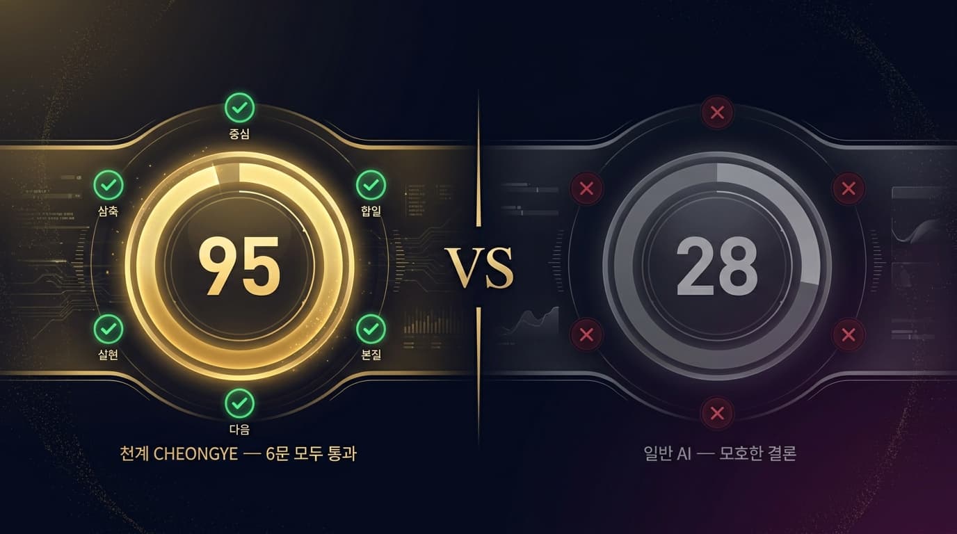 천계 95점 vs 일반 AI 28점 — 6문 통과 여부 시각화